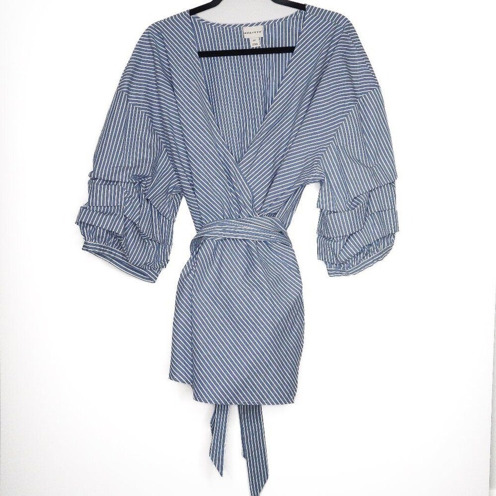 Ava & Viv Womens Wrap Blouse 2X Blue White Stripes Puff Office Nautical Brunch